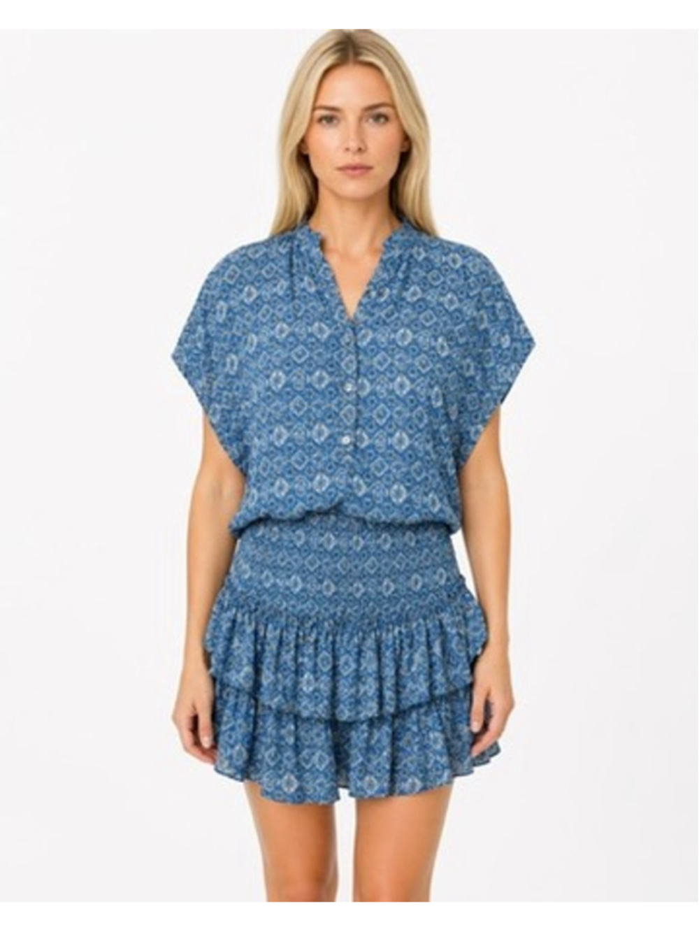 MISA Los Angeles Eloisa Blue Astra Print Smocked Waist Tiered Mini Dress Size M